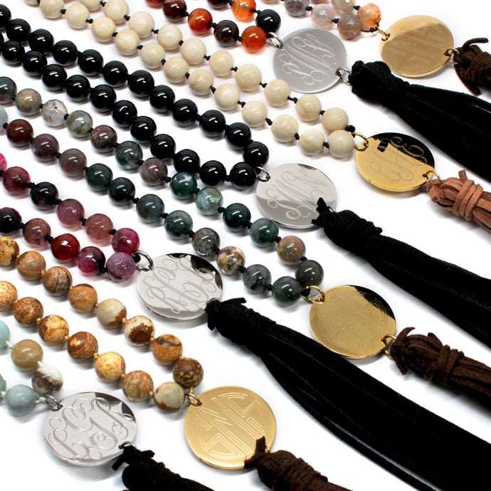 Beaded Suede Tassel Necklaces With Engraved Stainless Steel Disc In Gold Or Silver - Atlanta Jewelers Supply