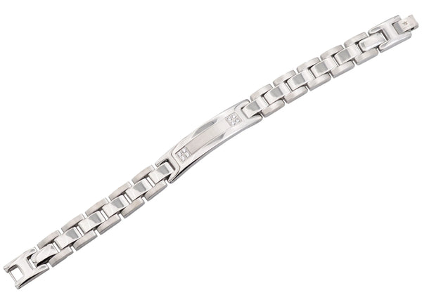 Engravable Mens Stainless Steel ID Bracelet With Cubic Zirconia (Available in Gold and Silver)