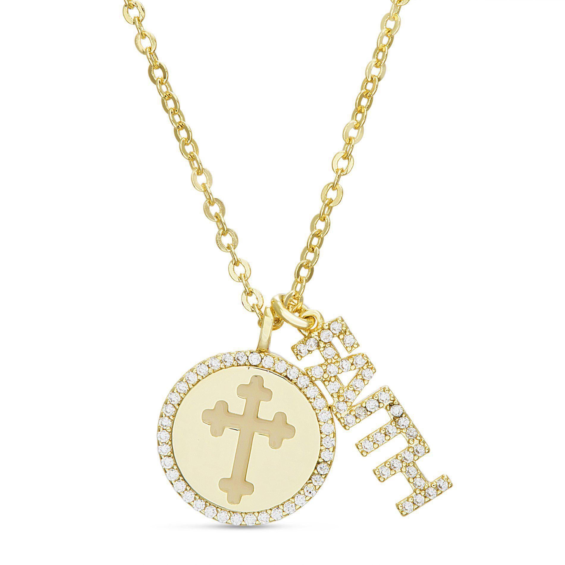GOLD CZ & ENAMEL CROSS DESIGN DISC W/ CZ "FAITH" DOUBLE LAYER NECKLACE - Atlanta Jewelers Supply