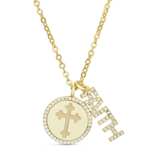GOLD CZ & ENAMEL CROSS DESIGN DISC W/ CZ "FAITH" DOUBLE LAYER NECKLACE - Atlanta Jewelers Supply