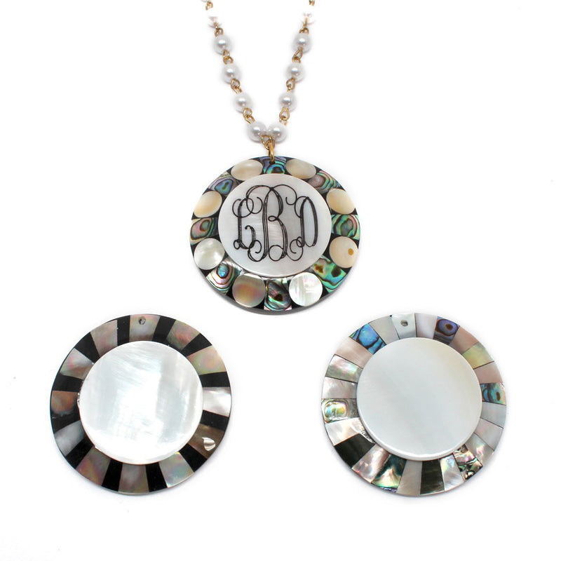 Engravable Non Silver Abalone Engraved Round Pendant With Pearl Chain Necklace - Atlanta Jewelers Supply