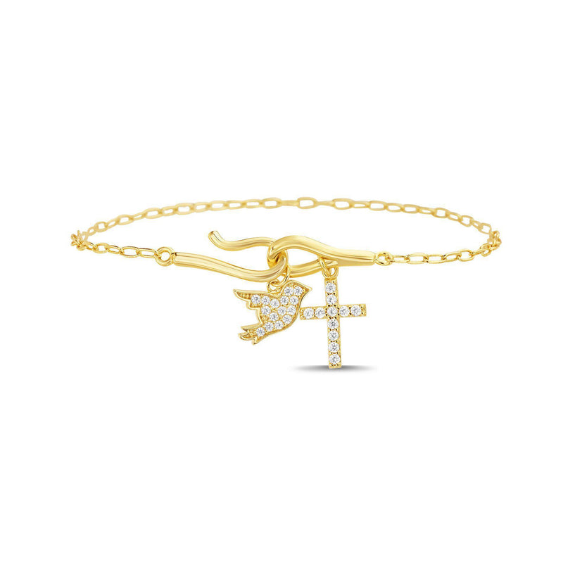 GOLD CZ CROSS & DOVE HOOK CLASP CHARM BRACELET - Atlanta Jewelers Supply