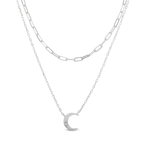 SS CZ CENTER CRESCENT STATION ROLO/PAPER CLIP CHAIN DOUBLE LAYER NECKLACE - Atlanta Jewelers Supply