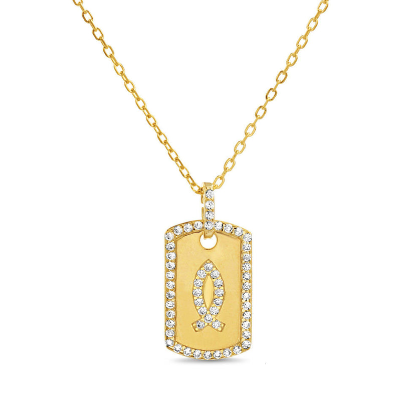 sterling silver CZ JESUS FISH SYMBOL DOG TAG NECKLACE in Gold Color - Atlanta Jewelers Supply