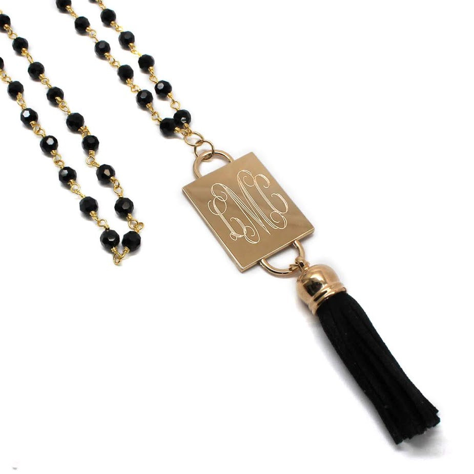 Fashion Engravable Tassel Black Crystal Bead Necklace - Atlanta Jewelers Supply