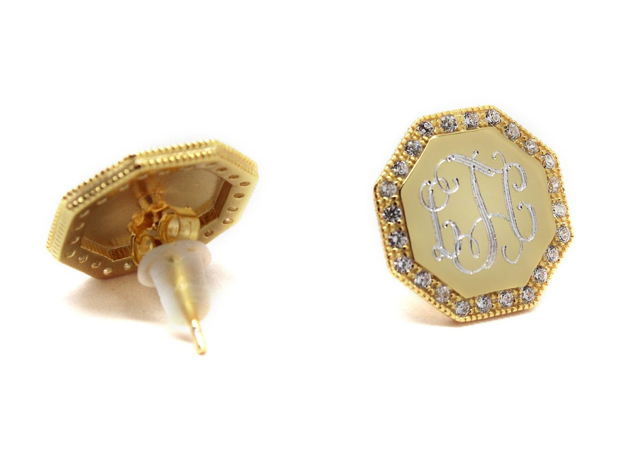 Elegant Engravable Sterling Silver Octagon Shaped CZ Stud Earrings - Atlanta Jewelers Supply