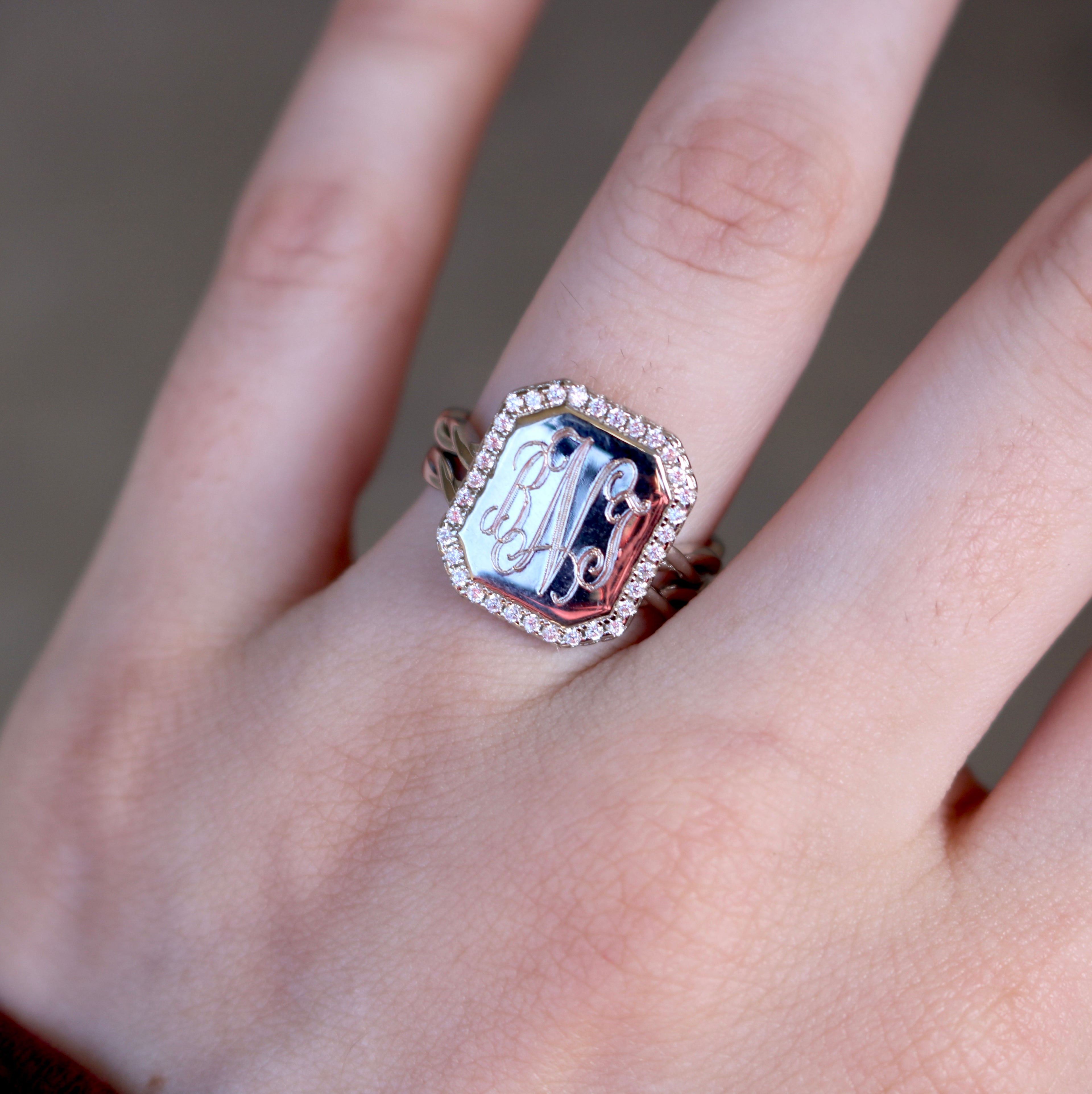 Sterling Silver Engravable Soft CZ Rectangle Engravable Plain Rope Stackable Ring