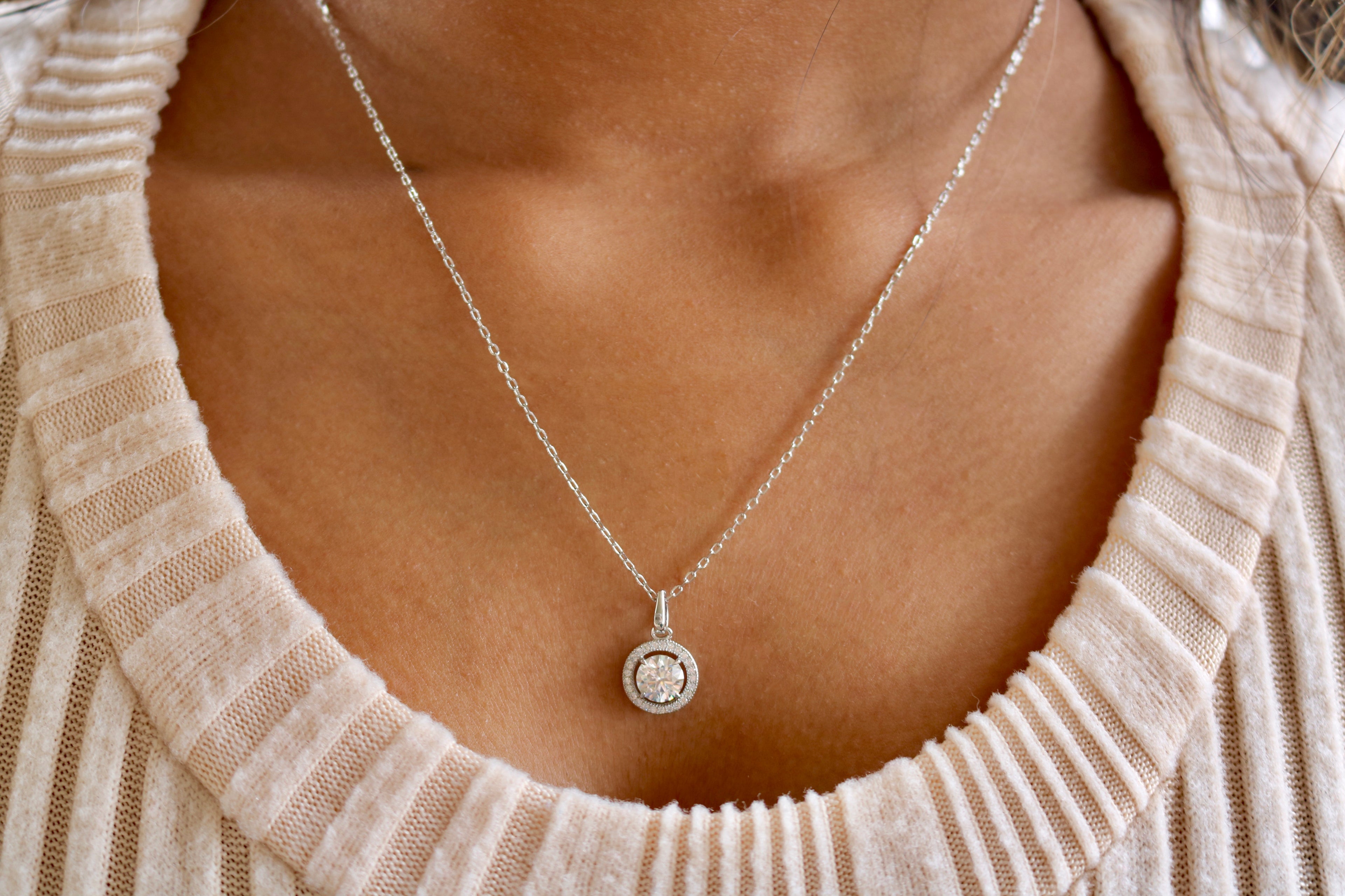 Sterling Silver 4 Prong Round Moissanite W/ Border Necklace