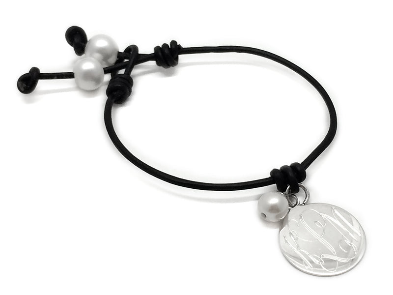 Sterling Silver Leather Knotted Pearl Bracelet with Engrave Disc - Atlanta Jewelers Supply