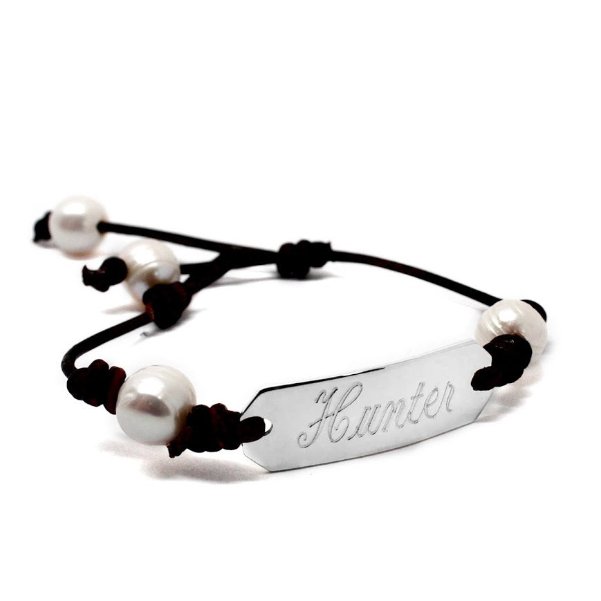German Silver Fresh Water Pearl Leather Engraved Bracelet - Atlanta Jewelers Supply