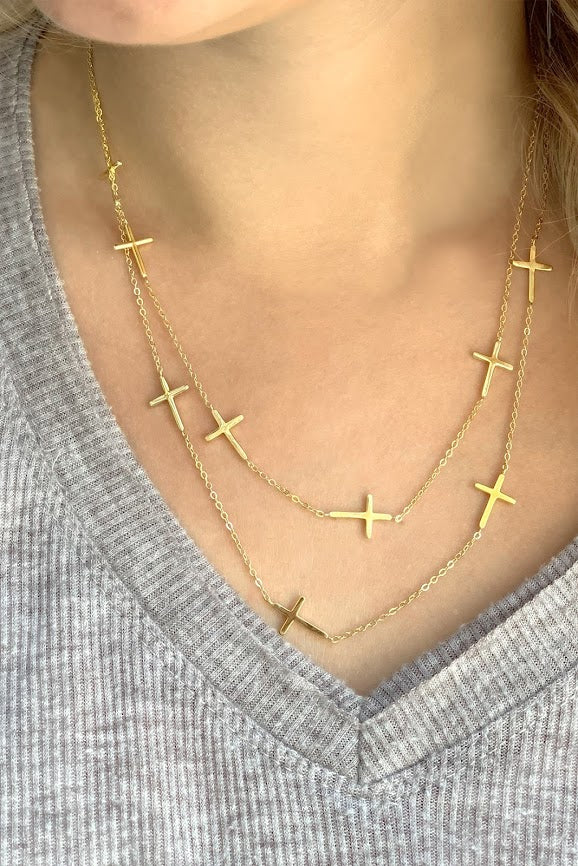 Sterling Silver Gold Plated Layered Multiple Cross Station Necklace