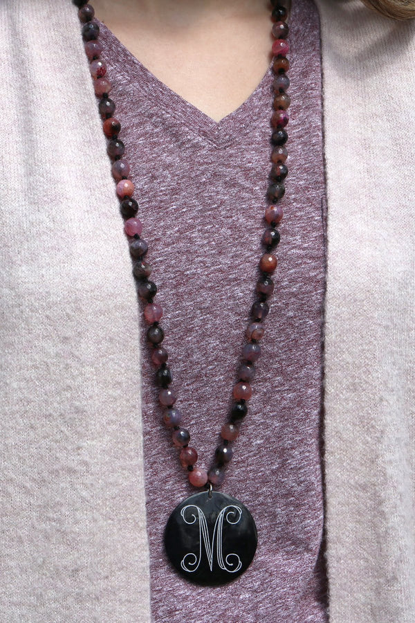 Beaded Lavender Marble Necklace with Monogrammed Black Shell Pendant - Atlanta Jewelers Supply