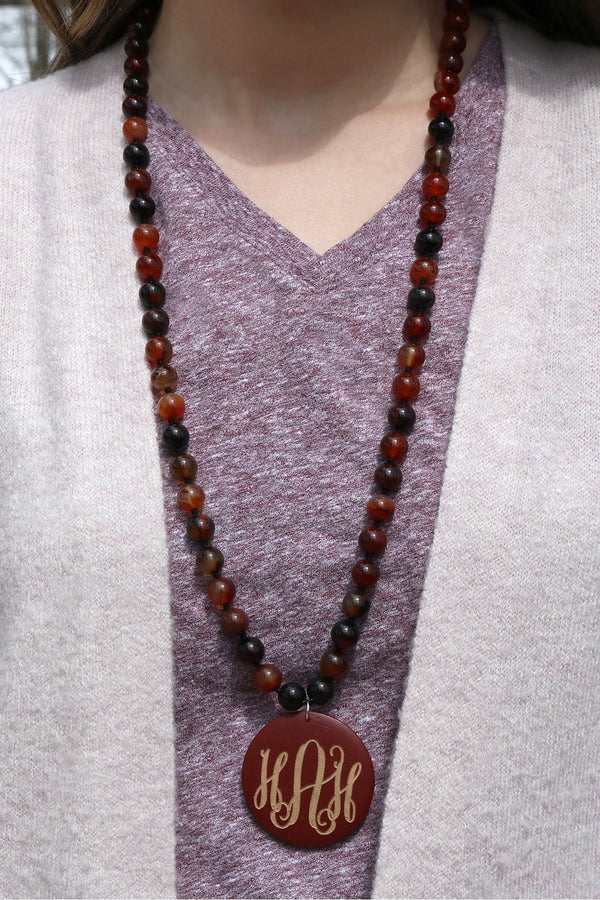 Beaded Clear Red Marble Necklace with Monogrammed Red Wood Pendant - Atlanta Jewelers Supply