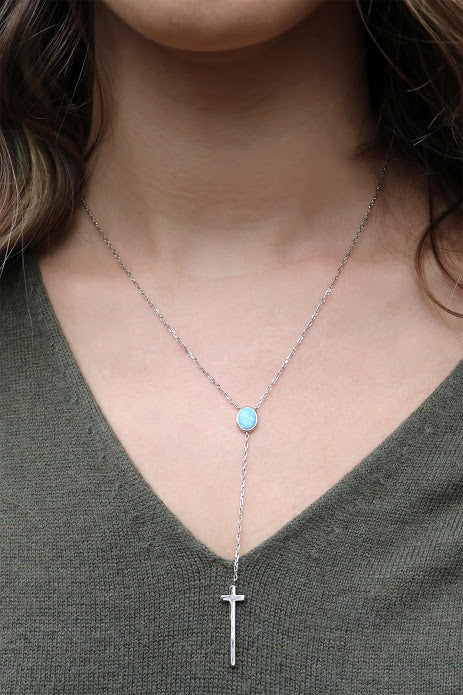 Sterling Silver Opal Drop Down Cross Necklace