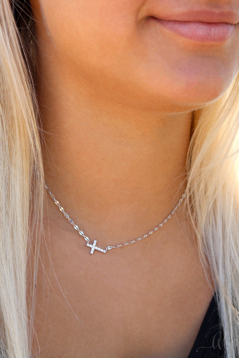 Sterling Silver Sideways  CZ Cross Necklace