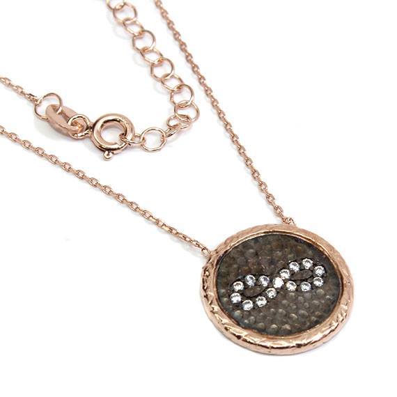 An Elegant Sterling Silver Rose Gold And Black Round 0.7 Infinity Necklace With Mounted Cz Stones - Atlanta Jewelers Supply