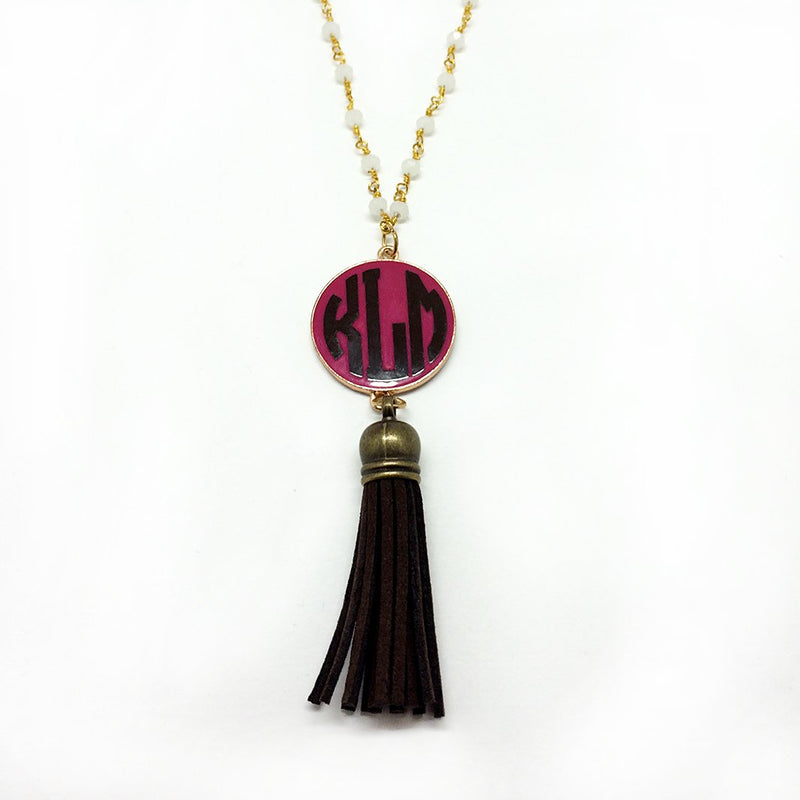 Non-Silver Vinyl Fuchsia/Gold Pendant With White Crystal Beads And Non-Silver Gold Chain Necklace - Atlanta Jewelers Supply