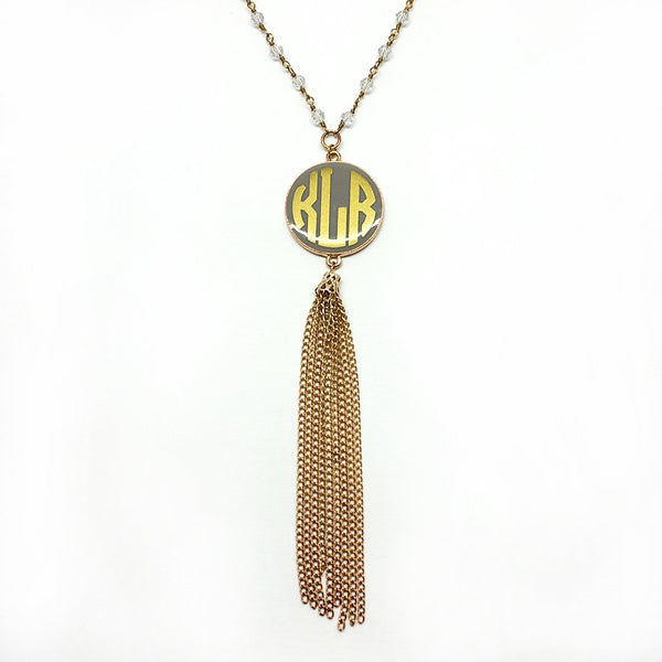 Non-Silver Vinyl Gray/Gold Pendant With White Crystal Beads And Non-Silver Gold Chain Necklace - Atlanta Jewelers Supply