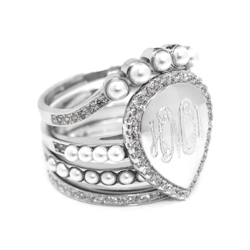 Sterling Silver Tear Drop Quad Band Engravable Ring Features CZ Stones and Pearls - Atlanta Jewelers Supply