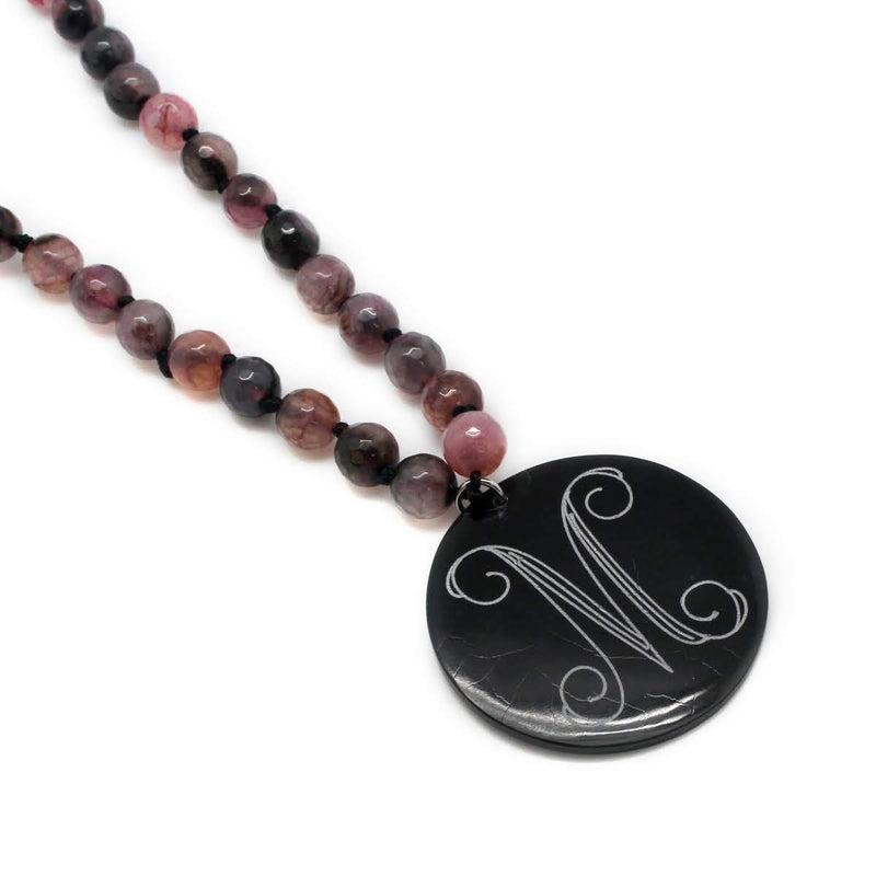 Beaded Lavender Marble Necklace with Monogrammed Black Shell Pendant - Atlanta Jewelers Supply