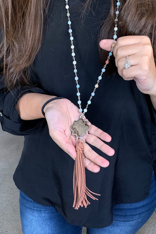 Engravable Quatrefoil Amazonite ChainTassel Necklace - Atlanta Jewelers Supply