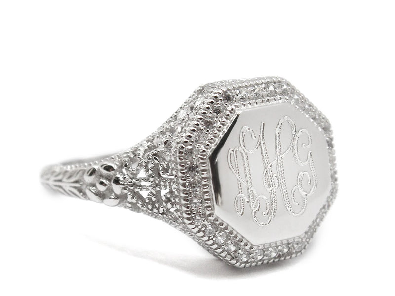 Sterling Silver Engravable Octagon CZ Filigree Ring - Atlanta Jewelers Supply