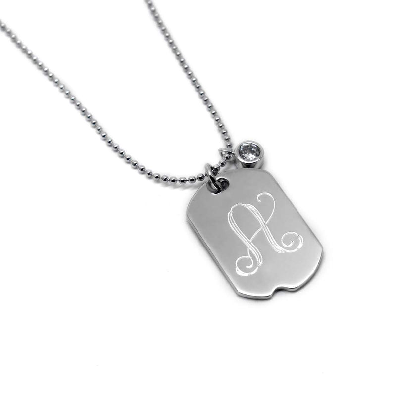 Sterling Silver Engravable Dog Tag Pendant on Beaded Chain with CZ