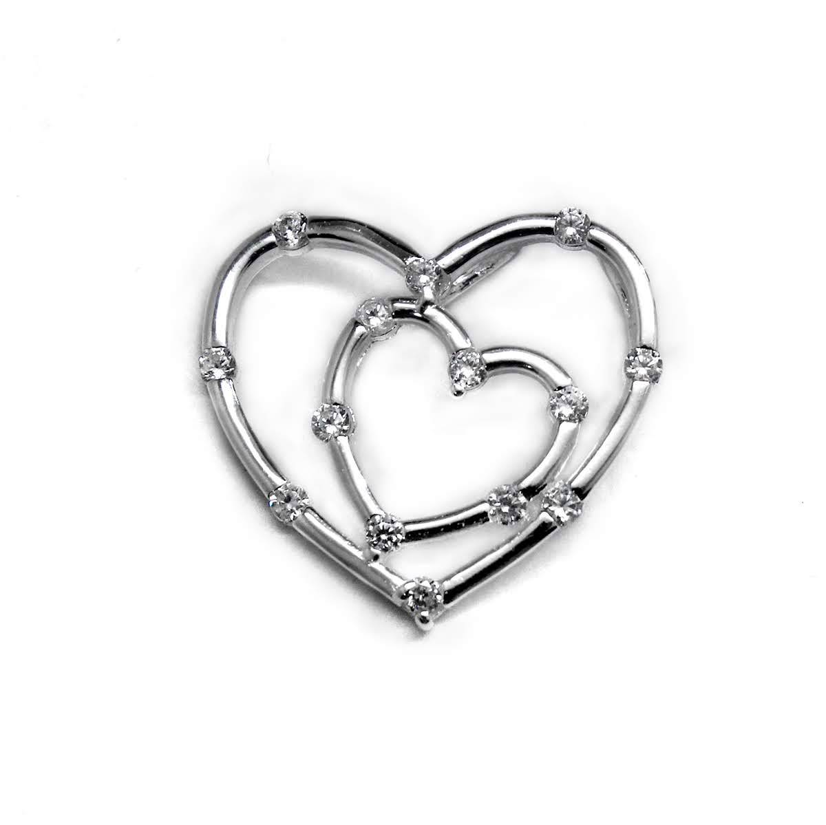 Sterling Silver Heart within Heart Spaced CZ Pendant