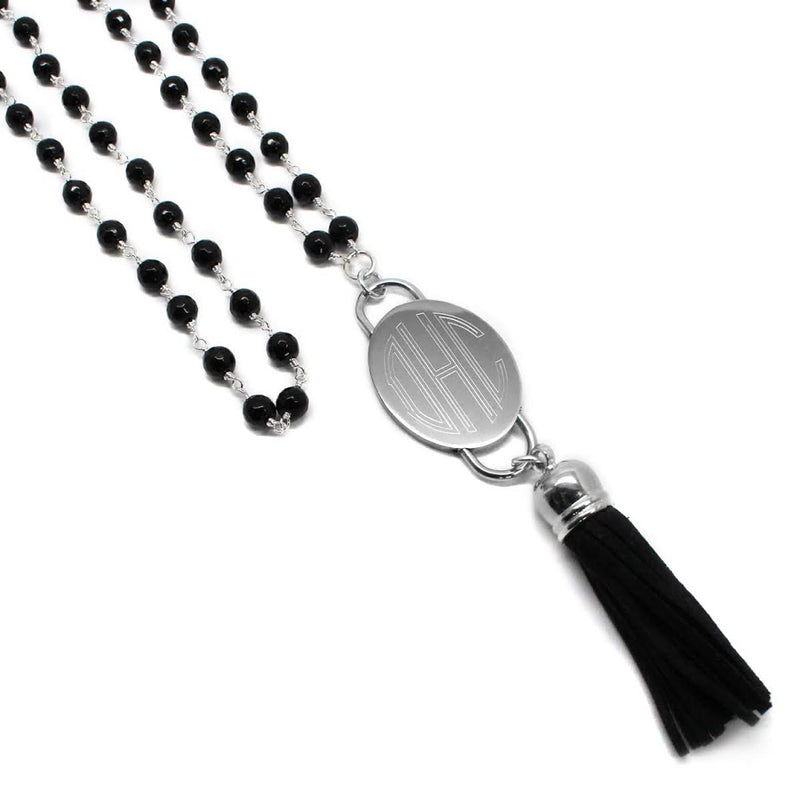 Fashion Engravable Tassel Black Crystal Bead Necklace - Atlanta Jewelers Supply