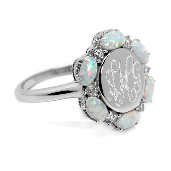 Sterling Silver Opal Engraved Cz ring