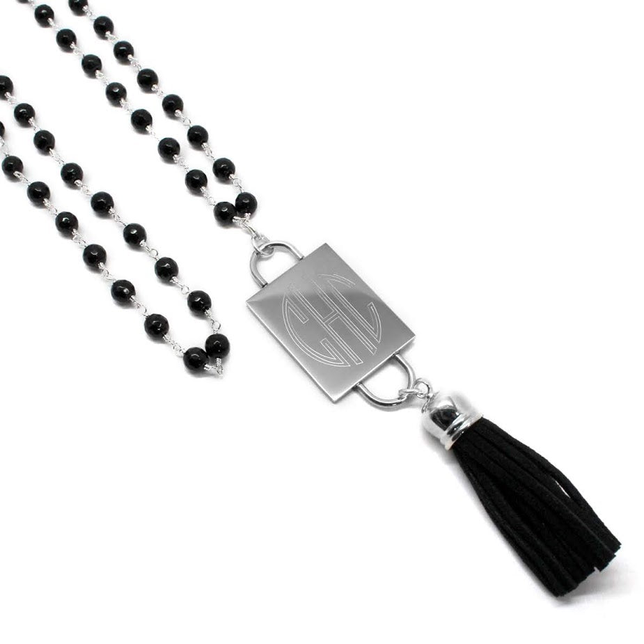 Fashion Engravable Tassel Black Crystal Bead Necklace - Atlanta Jewelers Supply