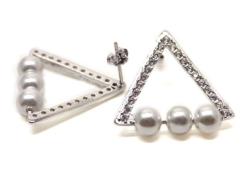 Sterling Silver Large Triangle CZ Pearl Earrings