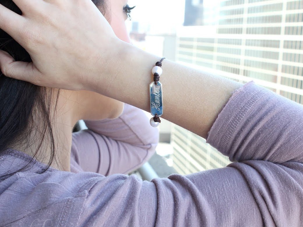 German Silver Fresh Water Pearl Leather Engraved Bracelet - Atlanta Jewelers Supply